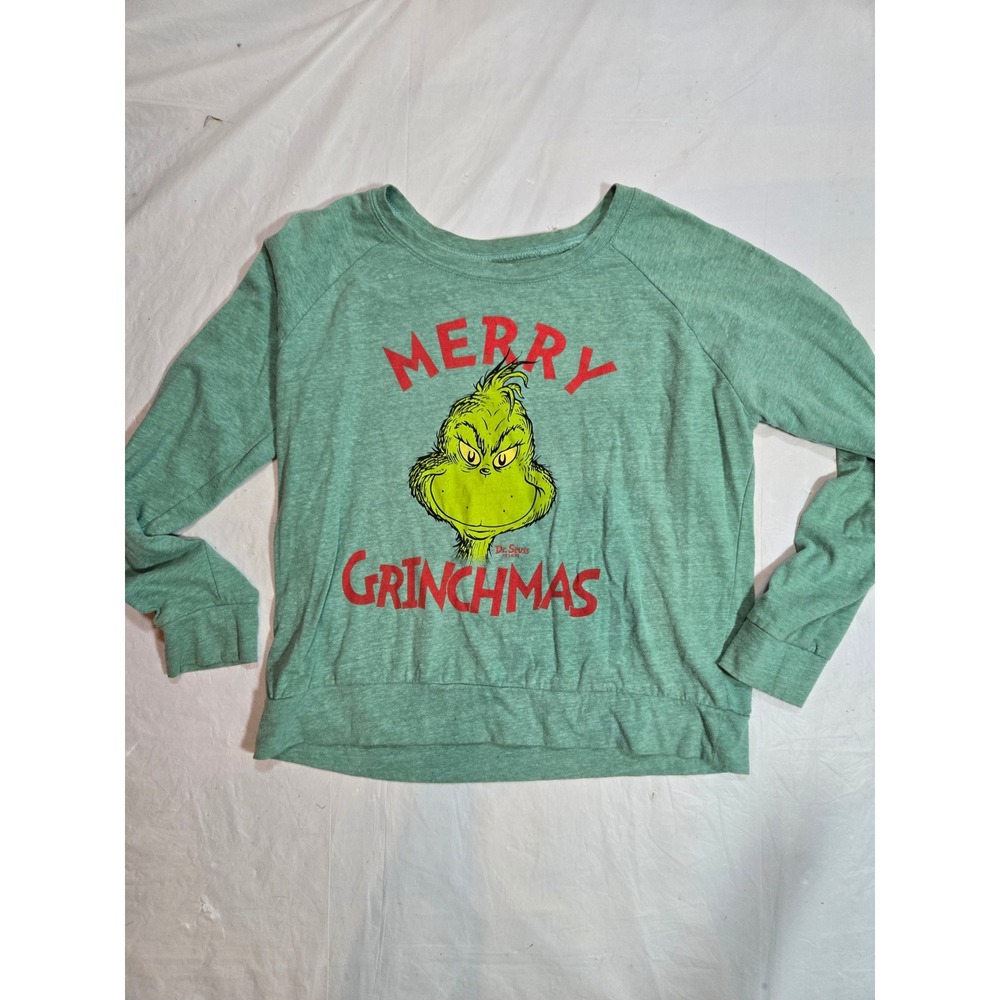 Dr. Seuss Merry Grinchmas Sweatshirt Green Heathered Pullover Womens S